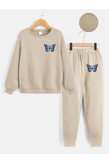 3 Thread Top Beige Bottom Beige Printed Girls/Boys Oversize Sweatsihrt & Tracksuit Set
