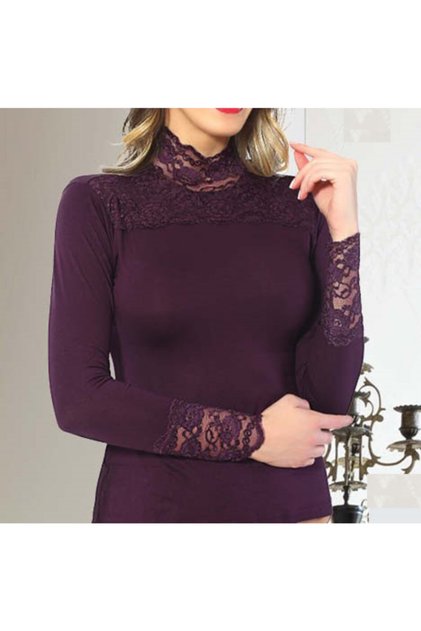 Women's Transparent Lace Half Turtleneck Stretchy Body Blouse - 440