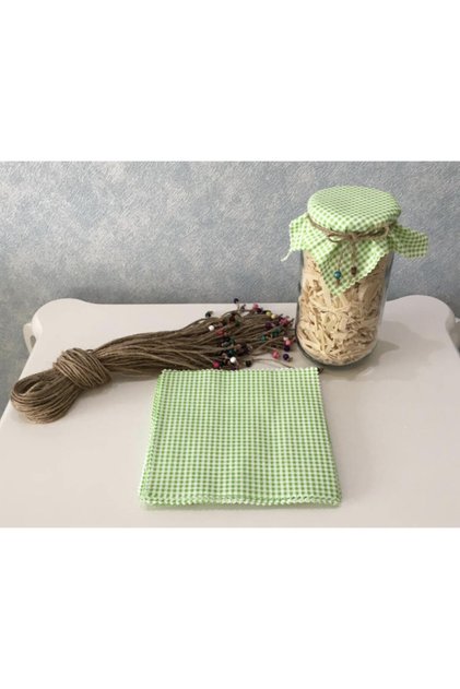 25 Pieces of Gingham Green Jar Lid Fabric (Cover) and Beaded Binding Rope