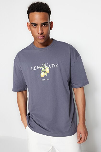 atmt様 Tシャツ Trendyolmilla Man Antrasit Oversize Bisiklet Yaka Kısa Kol Baskılı