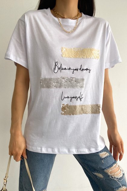 Women's White n Embroidery And Sequin Embroidered Cotton T-Shirt