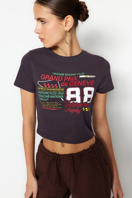 Antracit 100% bavlna Slogan Pletené tričko s potiskem Fitted Crop TWOSS23TS00319
