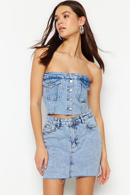 Trendyolmilla Mavi Önden Düğmeli Cep Detaylı Straplez Yaka Denim