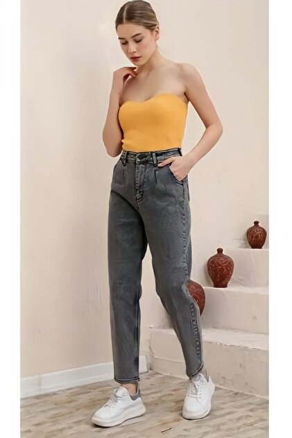 Lixera Free Blue Likrasız Yan Cep Kar Yıkama Antrasit Mom Jean