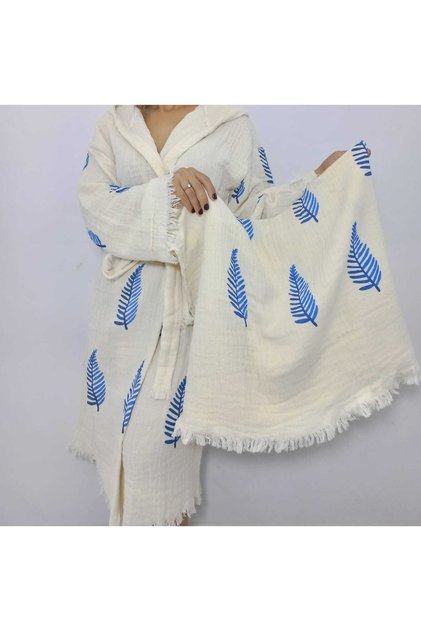 Blue Leaf Pattern Luxury Muslin Bathrobe and Towel Set of 2