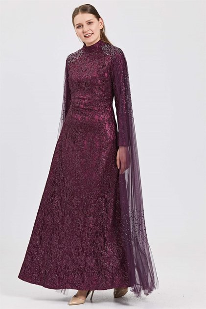 Plum Shoulder Skirt Lengthening Tulle and Jewelled Combination Lace Evening Dress