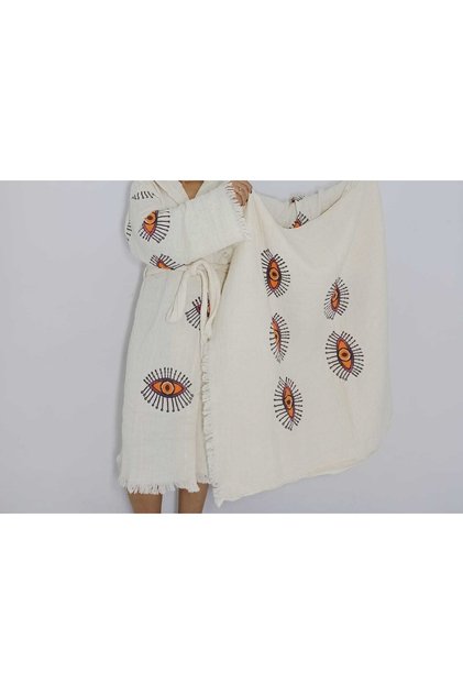 Red Eyes Patterned Luxury Muslin Bathrobe and Towel Set of 2