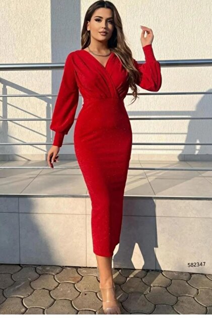 JANES Women's Long Sleeve Double Breasted Collar Gather And Balloon Sleeve  Detail Glittery Crepe Fabric Maxi Length Graduation Dress- Trendyol
