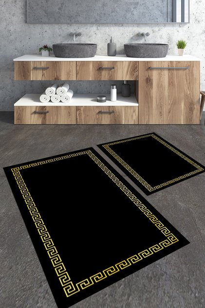 Simli Gold Çerçeveli 2'li Büyük Boy Banyo Paspas Seti