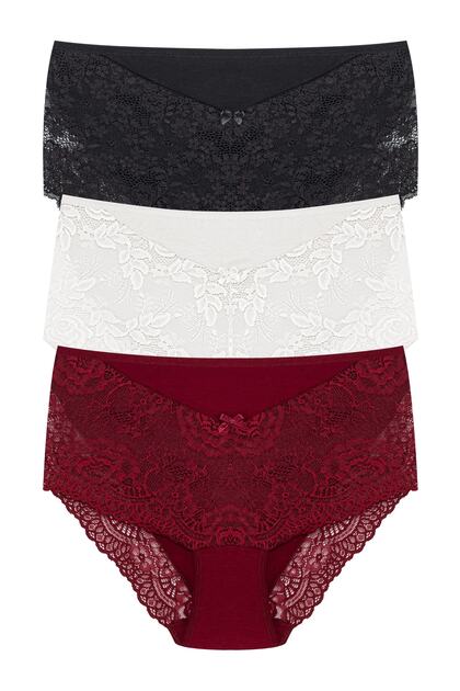 3-Piece Large Size Cotton Bato Women's Panties with Lace Front and Back