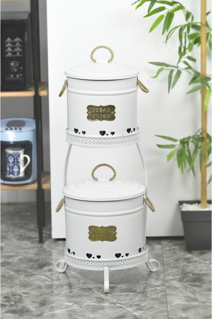 Lüks Metal Standlı 2 Katlı Patates Soğan Kovası Beyaz