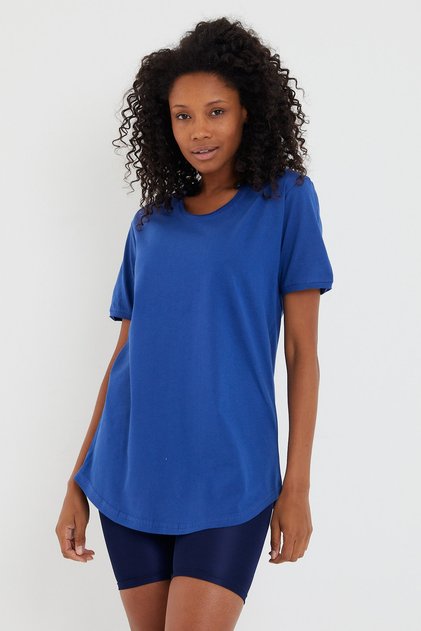 Women's Blue Oval Skirt Wide Collar 100% Cotton Short Sleeve T-Shirt