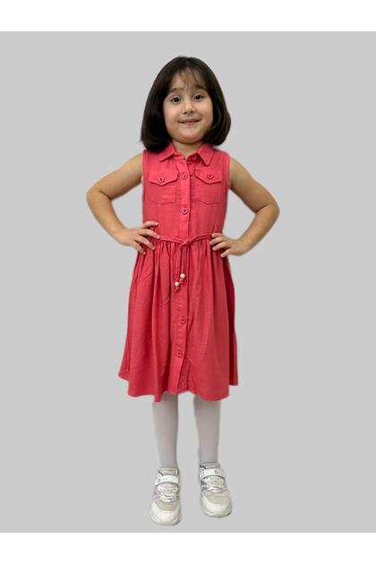 Girl's Dress/belt Detailed Shirt Dress/cotton Sleeveless Dress