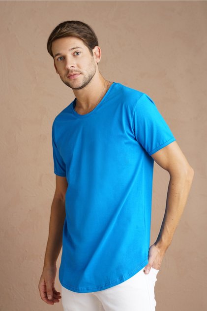 Men's Cobalt Blue Oval Skirt Wide Collar 100% Cotton Short Sleeve T-Shirt