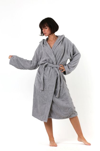 100% Cotton Hooded Towel Curl Adult Bathrobe Anthracite