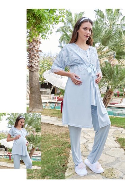 5605 Blue V-Neck 3-Piece Maternity Pajamas Dressing Gown Tk