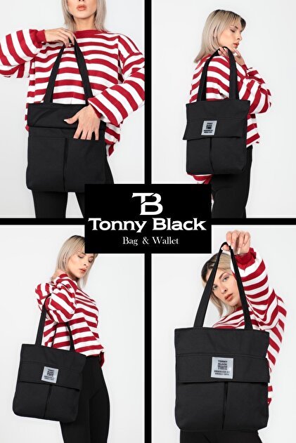 Tonny Black Orijinal Time Serisi 3 Bölmeli Fermuarlı Kapaklı Model Tote Bag Yumuşak Bez Geniş Kol & Omuz Çantası - 3