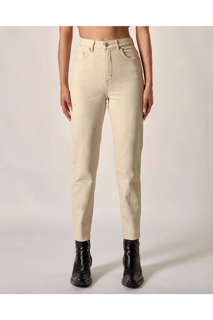 Kadın Bej Yüksek Bel Likralı Mom Jeans