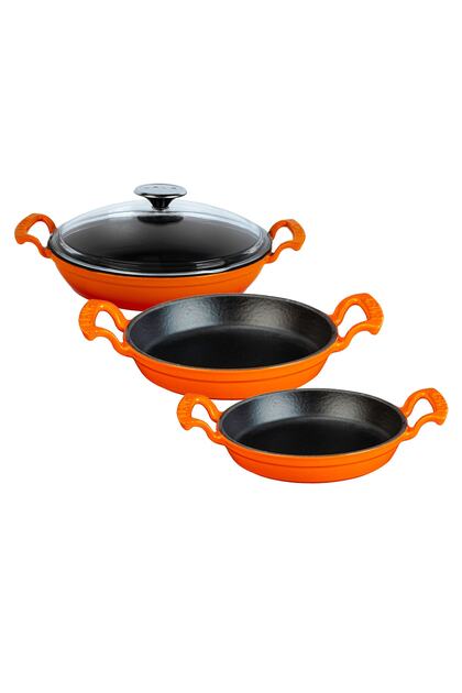 Cam Kapaklı 3'li Turuncu Sahan Seti (16 CM - 20 CM-24CM)