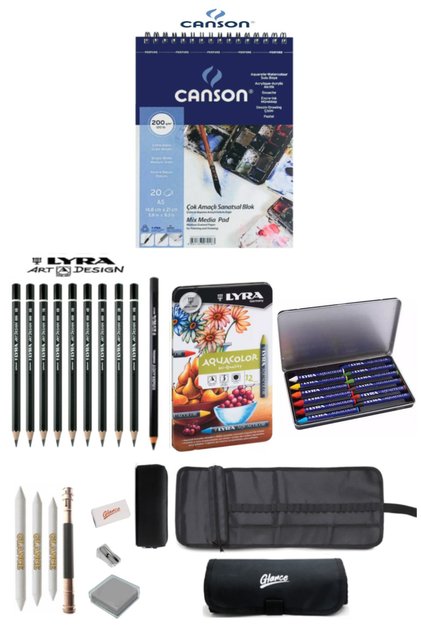 Canson Multi-Purpose Notebook A5 200 Gr Charcoal and Lyra Aquacolor Pastel Paint 12 Colors Drawing Sketch Set