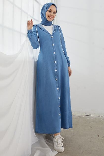 white christmas dresses Abaya Jilbab in Blue Denim Detachable Hoodie Full Front Open L / 54 / Denim Blue