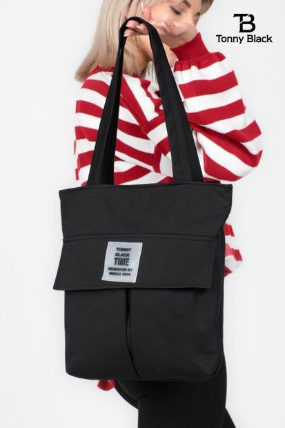Tonny Black Orijinal Time Serisi 3 Bölmeli Fermuarlı Kapaklı Model Tote Bag Yumuşak Bez Geniş Kol & Omuz Çantası - 7