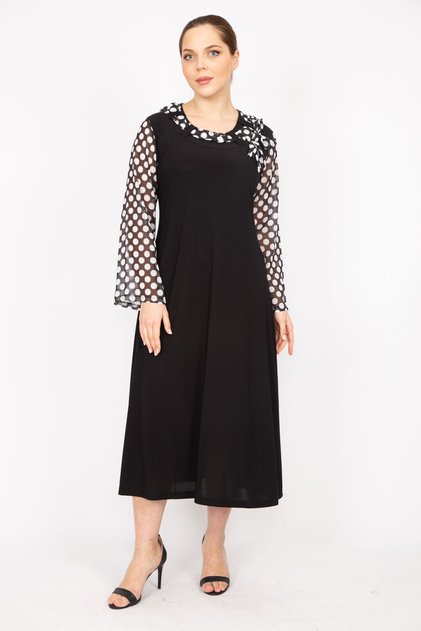 Women's Black Plus Size Sleeves Chiffon Collar Detailed Dress 65n35810