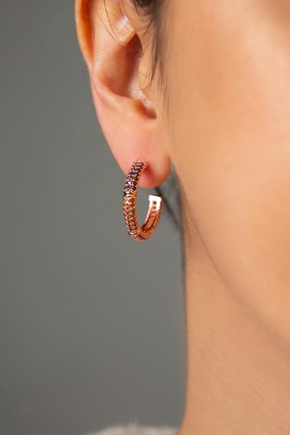 Women's Rose Plated Colored Jewelled Hoop Model Earrings