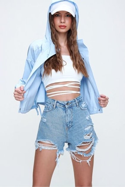 Kadın Mavi Beş Cepli Yüksek Bel Soluk Efektli Paçası Dikişsiz Denim Şort ALC-X5960