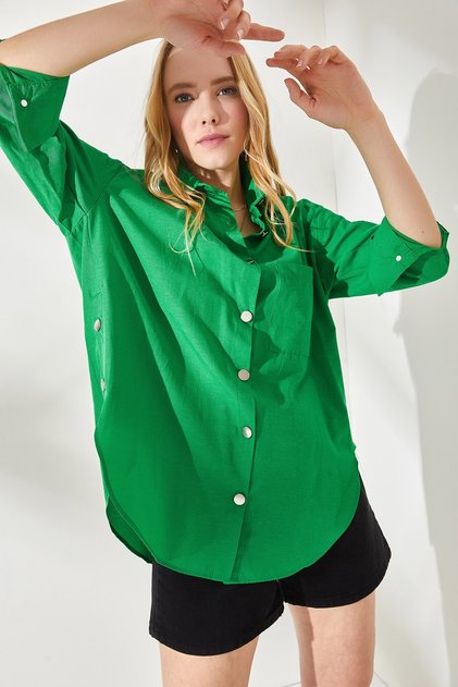 Women's Grass Green Side Button Detailed Oversize Woven Shirt GML-19001004