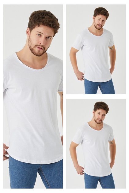 Men's White-white-white Oval Skirt Wide Collar 100% Cotton Short Sleeve T-Shirt