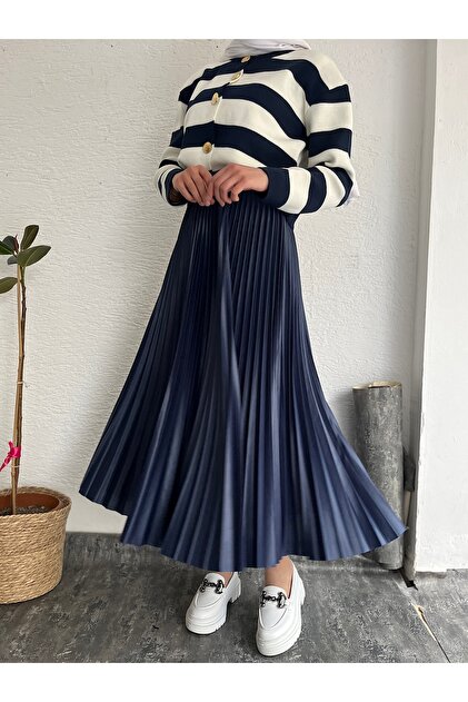 hepsi moda Ln Thin Pleated Skirt with Elastic Waist - Indigo- Trendyol