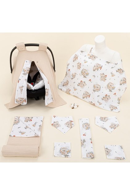 9 Piece Set - Milky Brown Knitted - Koala Stroller Set, Blanket, Nursing Bib, Apron and Handkerchief Set