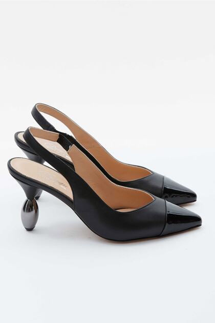 Women's Genuine Leather Short Heeled Patent Leather Detailed Stiletto