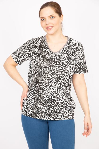 Women's Leo Plus Size Cotton Fabric V-Neck Blouse 65n35855