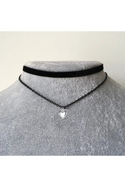 Ikili Siyah Kadife Kalp Choker Kolye