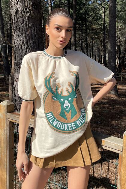 Women's Beige Crew Neck Ribbed Collar Printed Unisex Oversize T-Shirt ALC-X9995