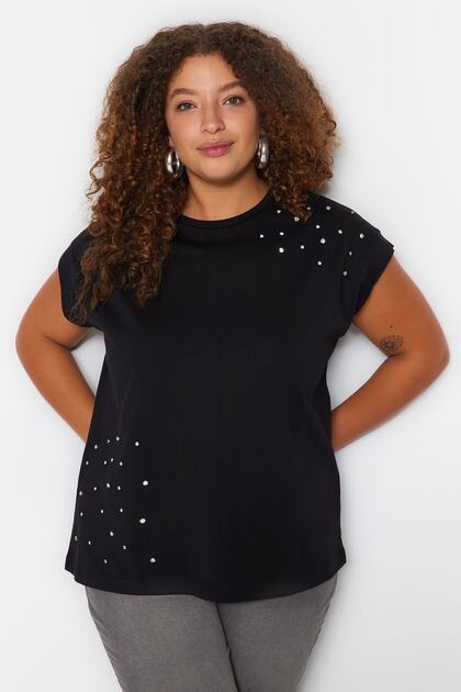 Schwarzes T-Shirt mit Rundhalsausschnitt aus 100 % Baumwolle mit Steindetails TBBSS23BF00041