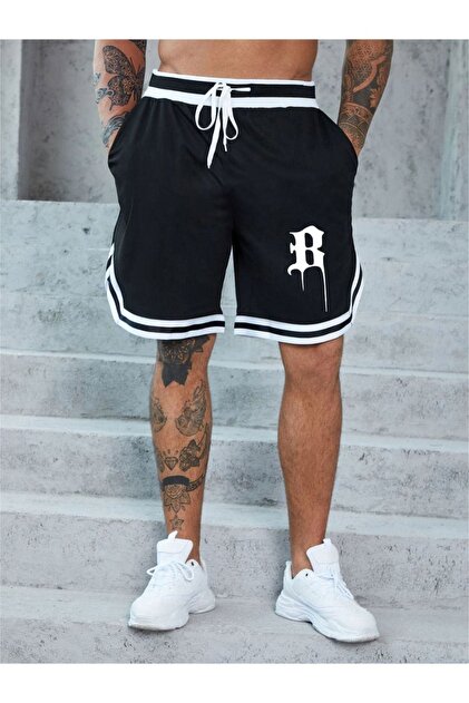 Men's Black B Printed Oversize Striped Shorts
