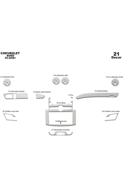 Meriç ® Chevrolet Aveo Front Glove Box Trim Aluminum 21 Piece 2006-2011