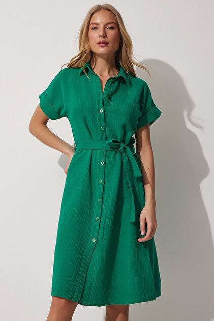 Happiness İstanbul Women's Green Belted Linen Shirt Dress MX00046