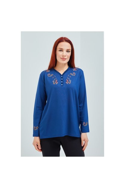 Women's Indigo Blue V-Neck Buttoned Floral Lycra Mother's Combed Cotton Blouse