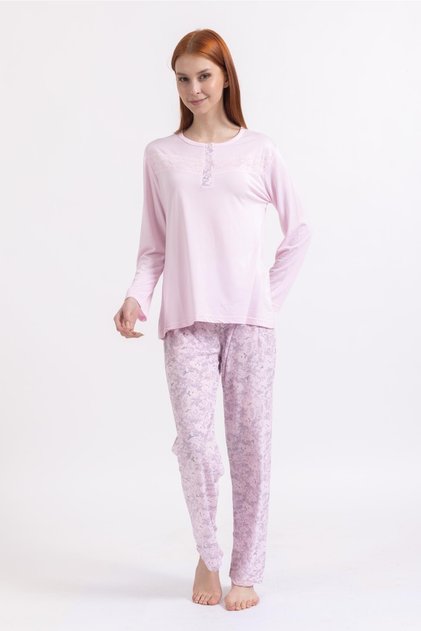 Women's Four Seasons Lace Patterned Melisa Fabric High Quality Round Neck Pajamas Set 1361