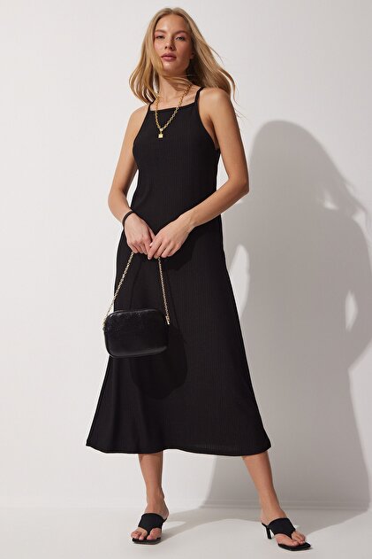 Women's Black Strappy Summer Long Knitted Dress DZ00078