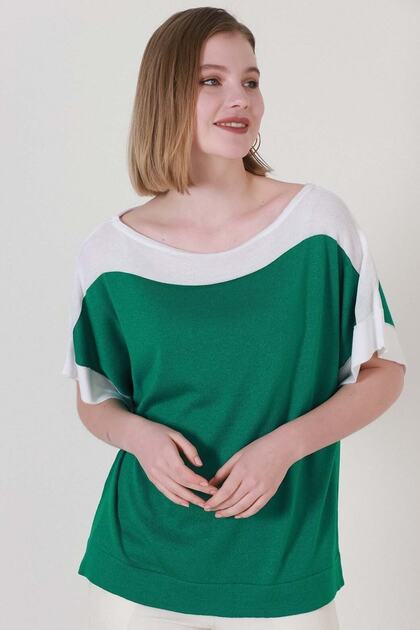 Women's Green Ecru Belted Summer Fine Knitwear Blouse