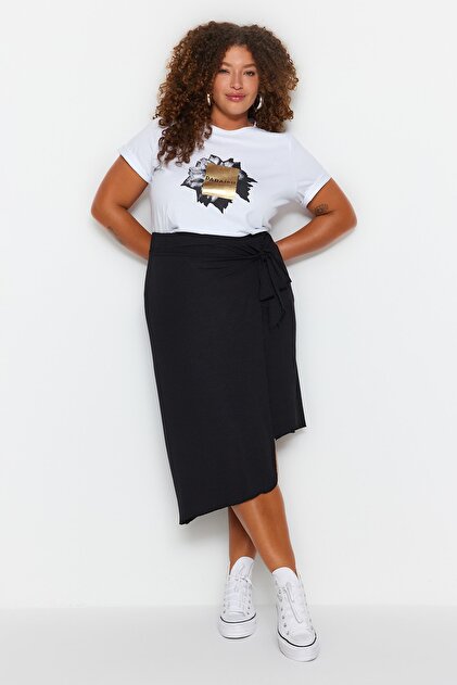 Trendyol Curve Black Wrap Side Tie Midi Knitted Plus Size Skirt