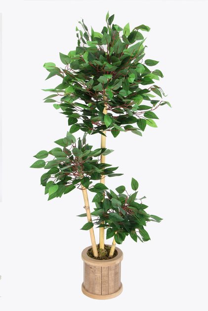 Yapay Benjamin Ağacı 115 cm 3lü Bambu Gövdeli Yeşil (Ahşap Saksı)