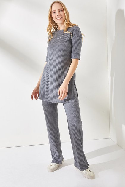 Women's Anthracite Short Sleeve Lower Top Lycra Suit TKM-19000191