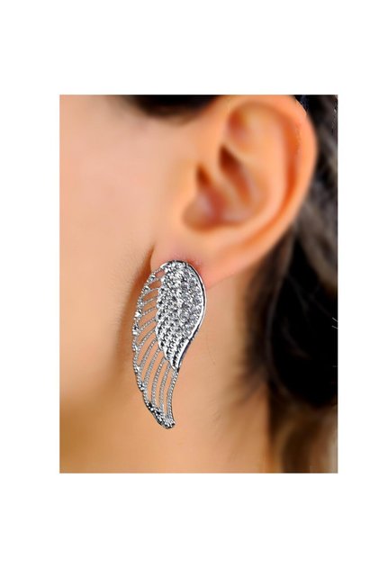 Yeni Trend Moda Büyük Kristal Gümüş Taşlı Melek Kanadı Metal Kanat Küpe