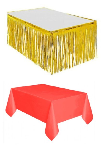 Gold Metalized Table Skirt + Plastic Red Tablecloth